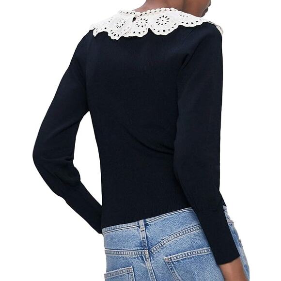 Zara black ribbed sweater with contrasting white embroidered collar size Small - Picture 2 of 10